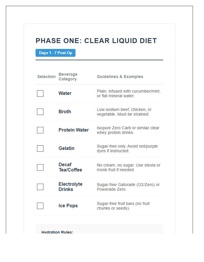 Bariatric Surgery Phase One Approved Beverages Printable Checklist Chart