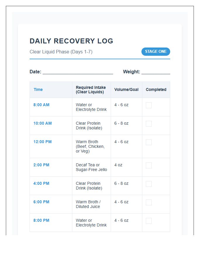 Bariatric Surgery Recovery Stage One Daily Menu Printable Chart