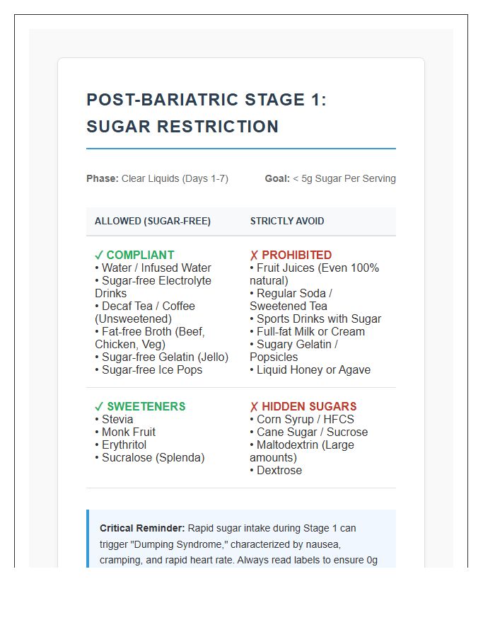 Post Bariatric Stage One Sugar Restriction Printable Guide Chart