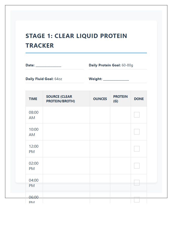 Post Op Bariatric Diet Stage One Protein Intake Printable Chart