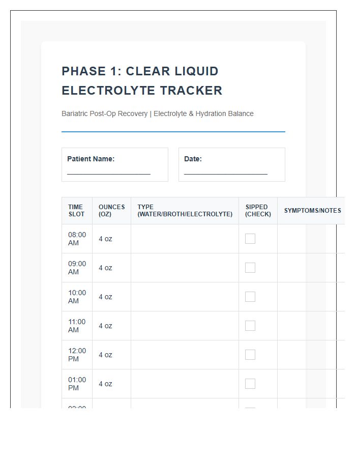 Printable Bariatric Diet Phase One Electrolyte Balance Chart