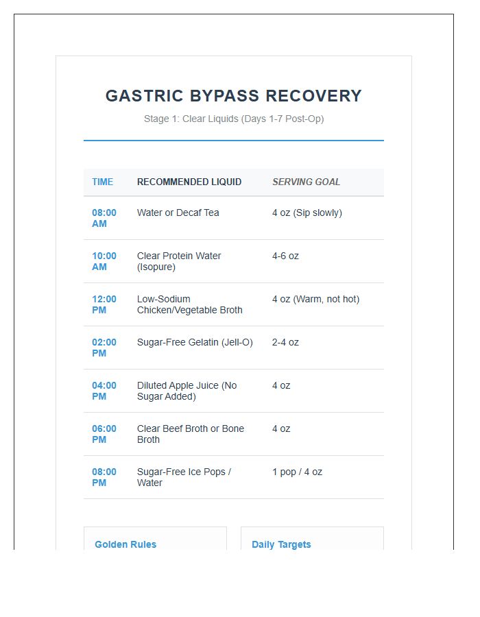 Printable Gastric Bypass Stage One Recovery Meal Plan Chart