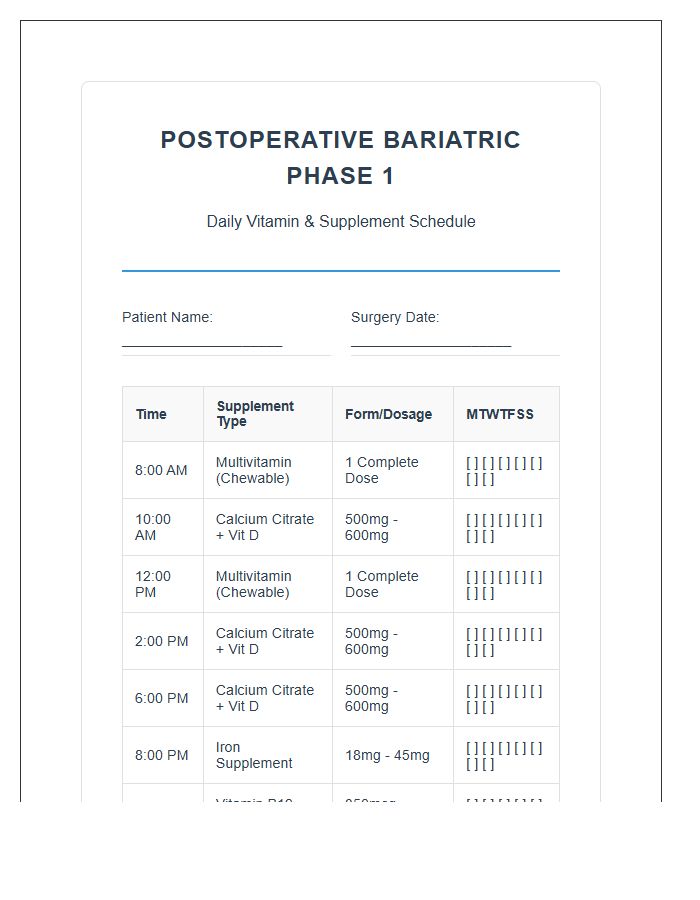 Printable Postoperative Bariatric Phase One Vitamin Schedule Chart
