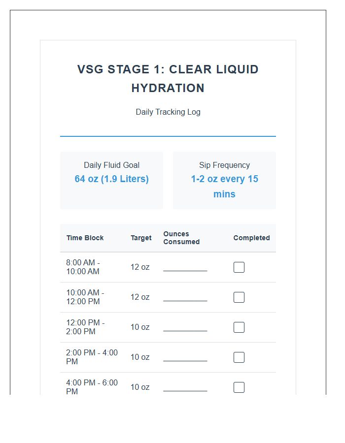 Printable Vertical Sleeve Gastrectomy Stage One Hydration Goals Chart