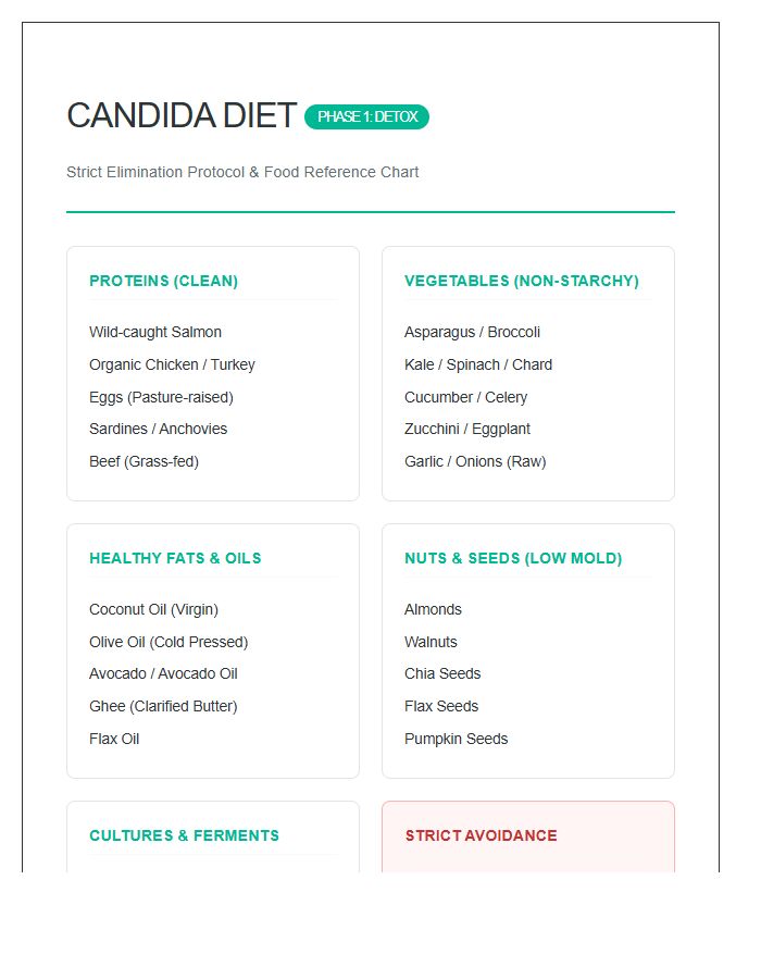 Comprehensive Printable Candida Diet Phase One Chart