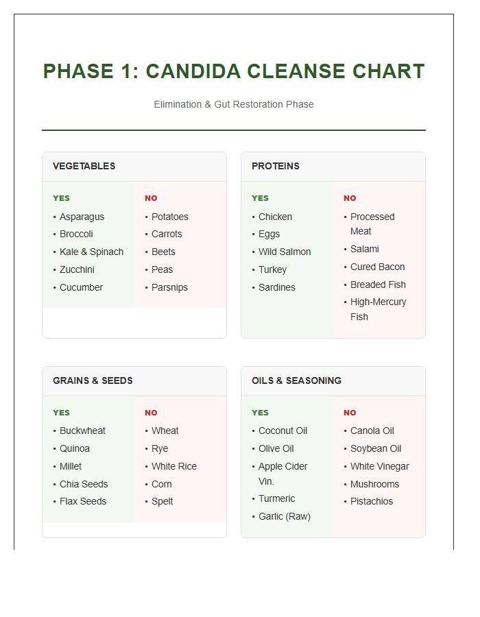 Phase One Candida Diet Comprehensive Printable Chart