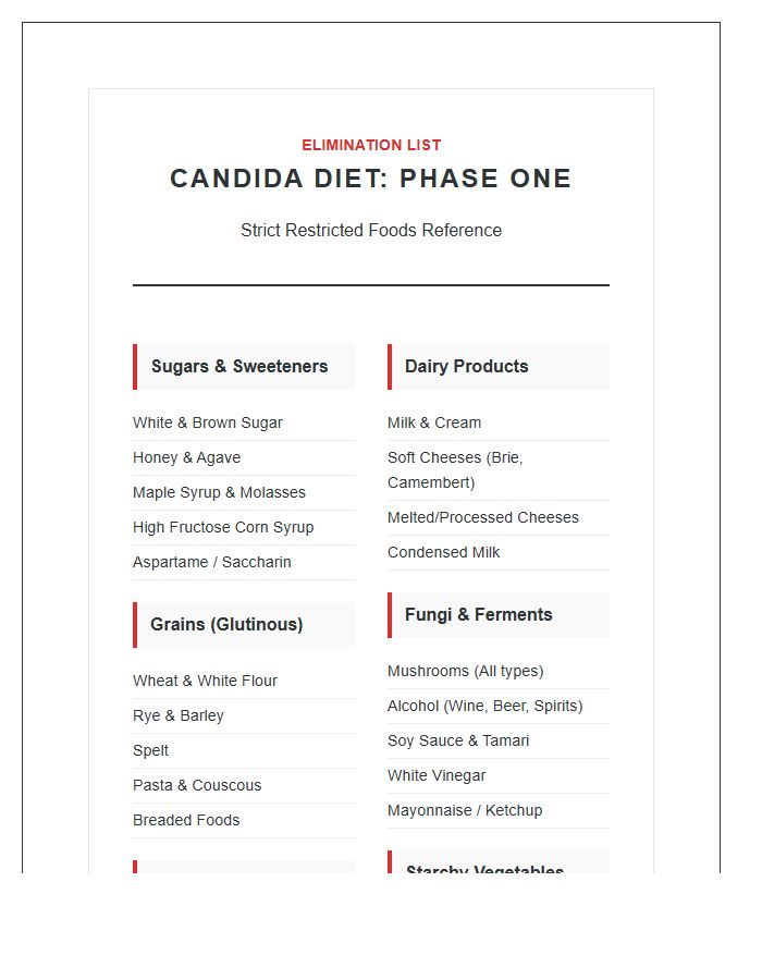 Printable Candida Diet Phase One Restricted Foods Chart