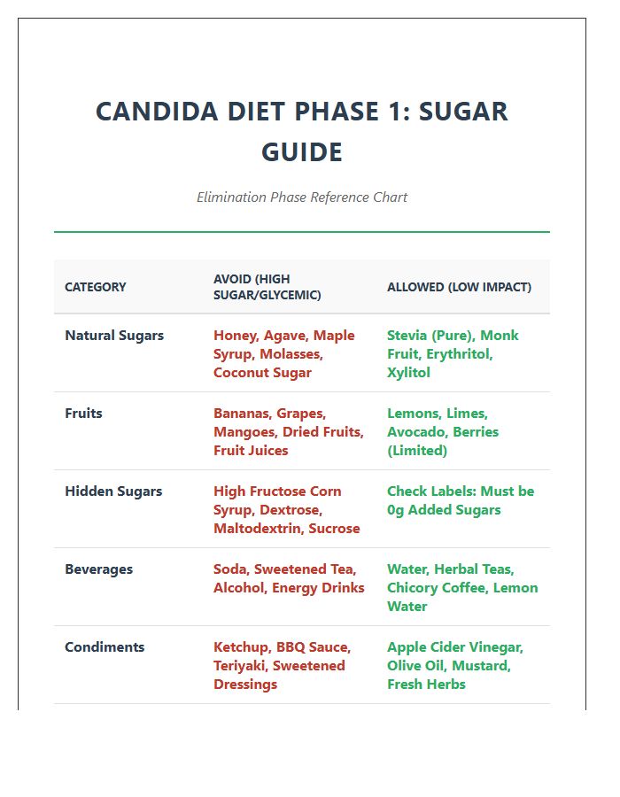 Printable Candida Diet Phase One Sugar Guide Chart