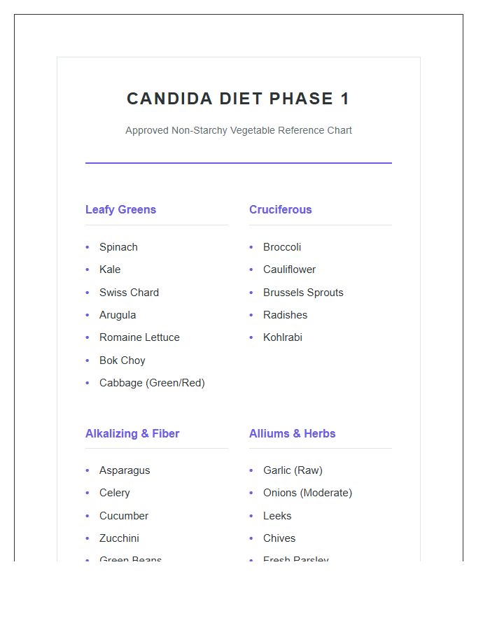 Printable Candida Diet Phase One Vegetable List Chart
