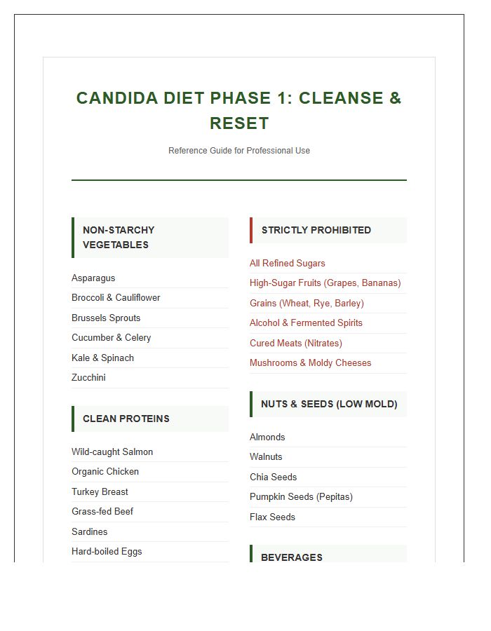 Ultimate Printable Candida Diet Phase One Reference Chart