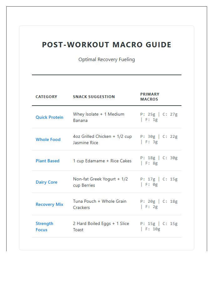 Post Workout Macro Snack List Printable Chart