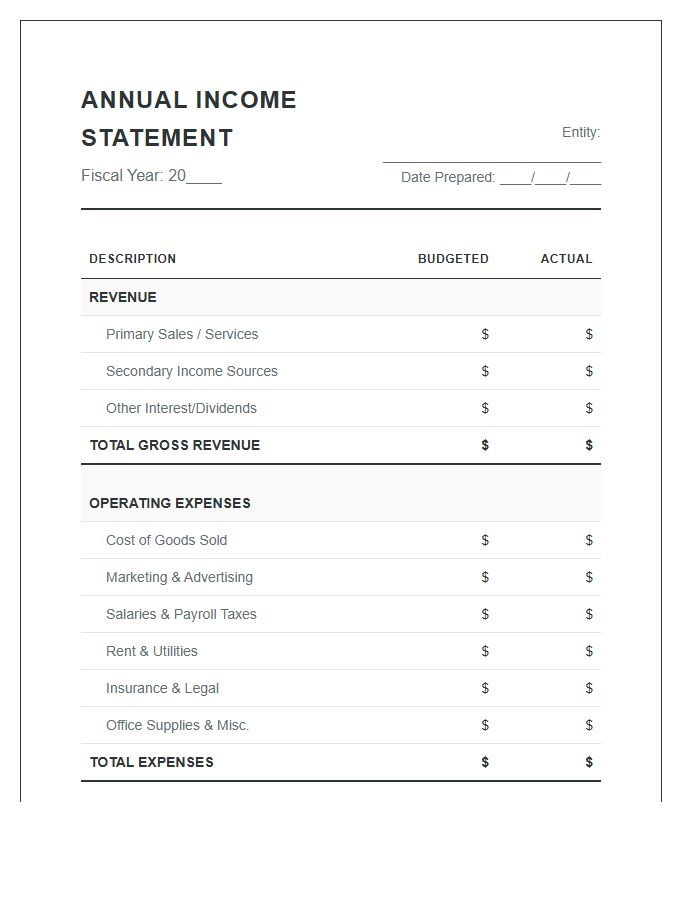 Annual Income Statement Printable Chart