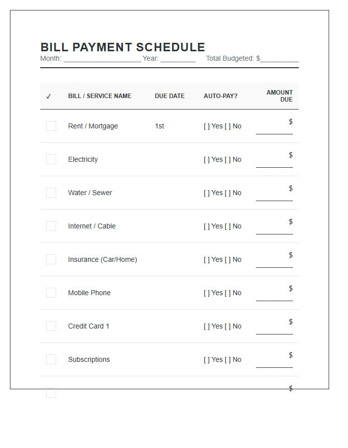 Bill Payment Schedule Printable Chart