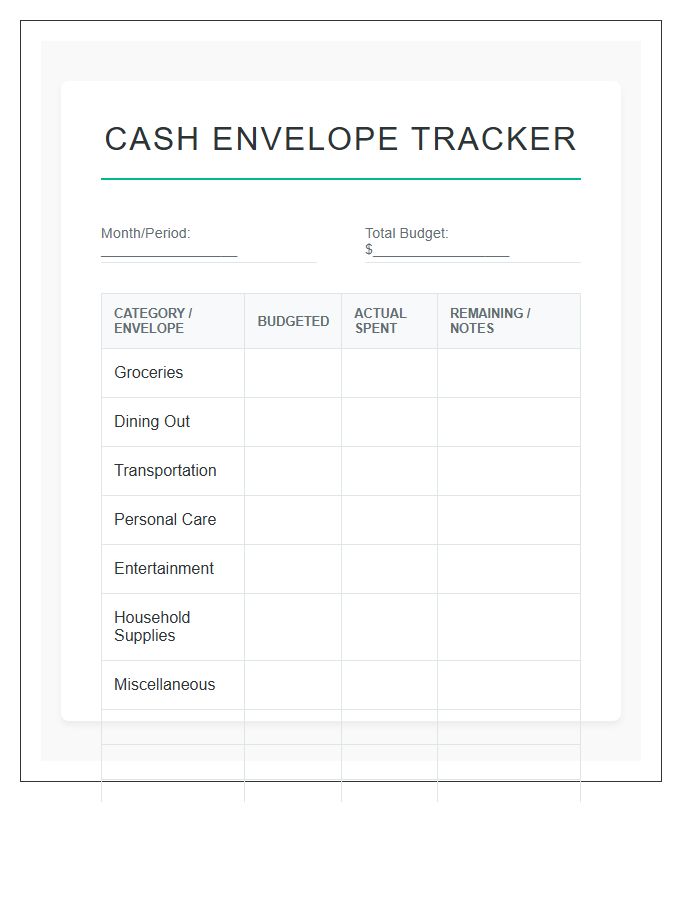 Cash Envelope System Printable Chart