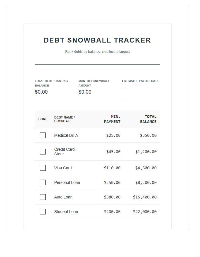 Debt Snowball Payment Printable Chart