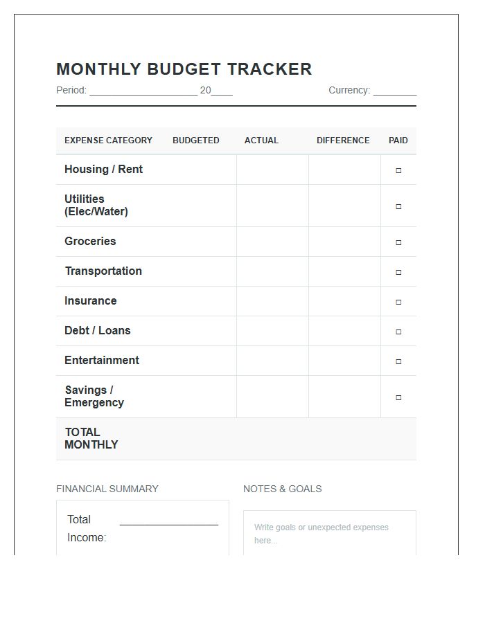 Household Finance Management Printable Chart