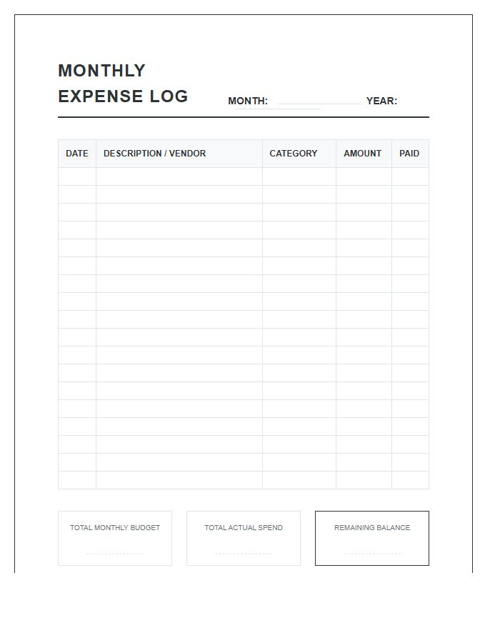 Monthly Expense Tracking Printable Chart