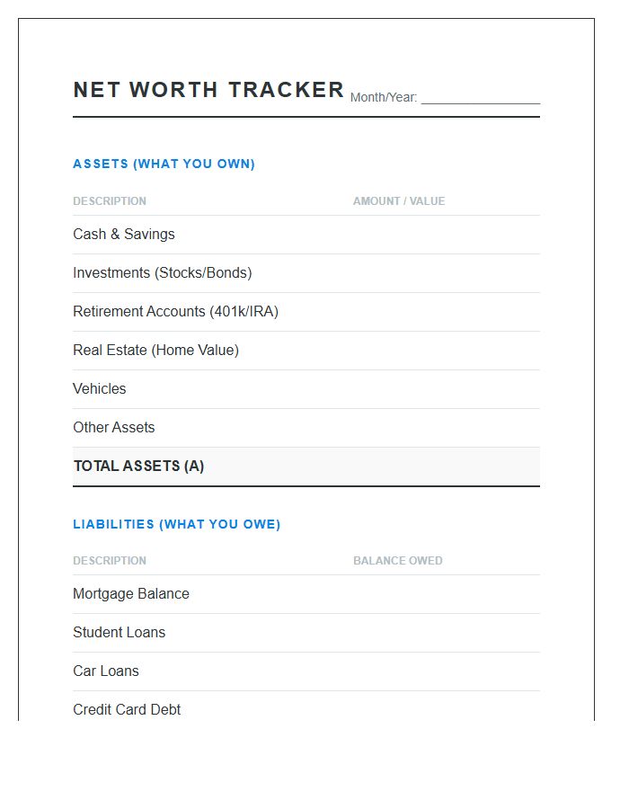 Net Worth Tracking Printable Chart