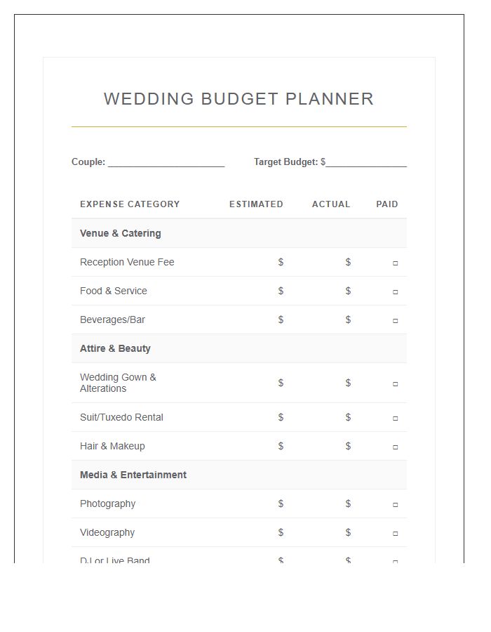 Wedding Expense Budget Printable Chart