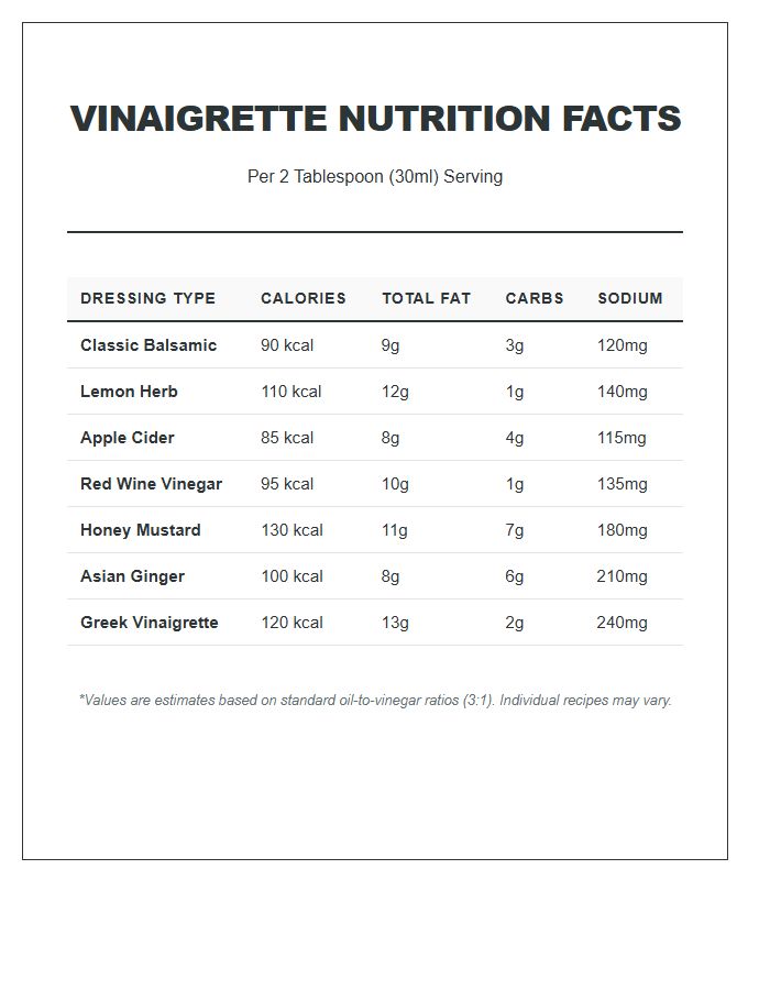 Common Vinaigrette Nutrition Facts Printable Chart