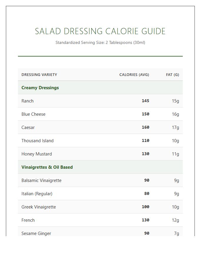 Comprehensive Salad Dressing Calorie List Printable Chart