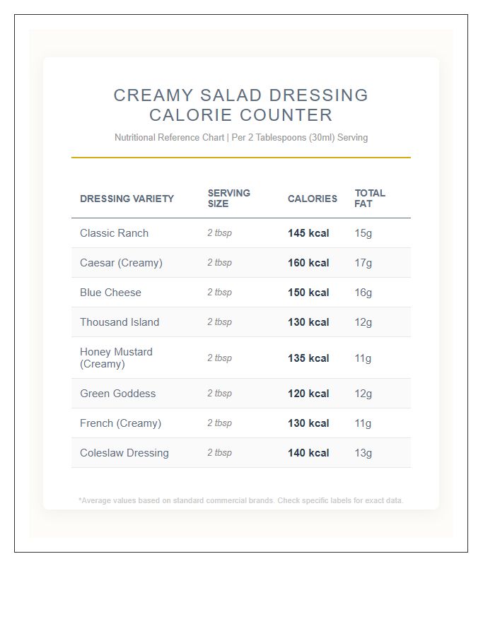 Creamy Salad Dressing Calorie Counter Printable Chart