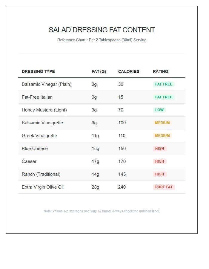 Fat Content Salad Dressing Reference Printable Chart