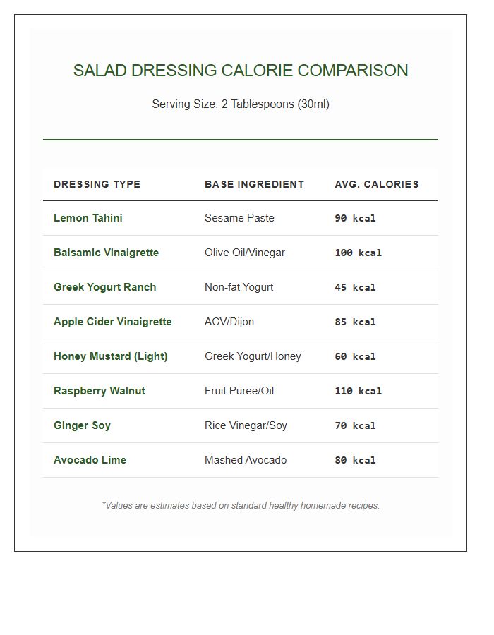Healthy Salad Dressing Calorie Comparison Chart Printable