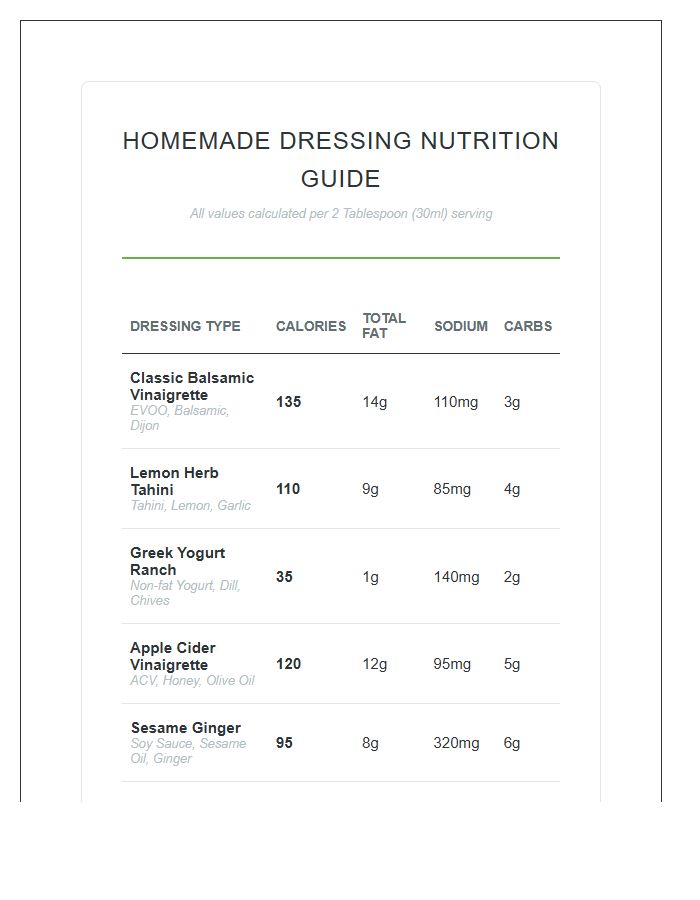 Homemade Salad Dressing Nutritional Info Printable Chart