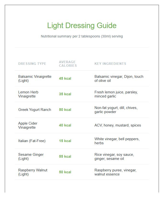 Light Salad Dressing Calorie Summary Printable Chart