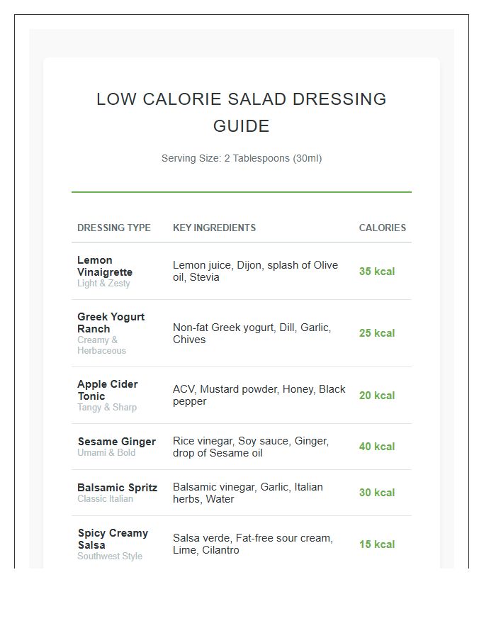 Low Calorie Salad Dressing Guide Printable Chart
