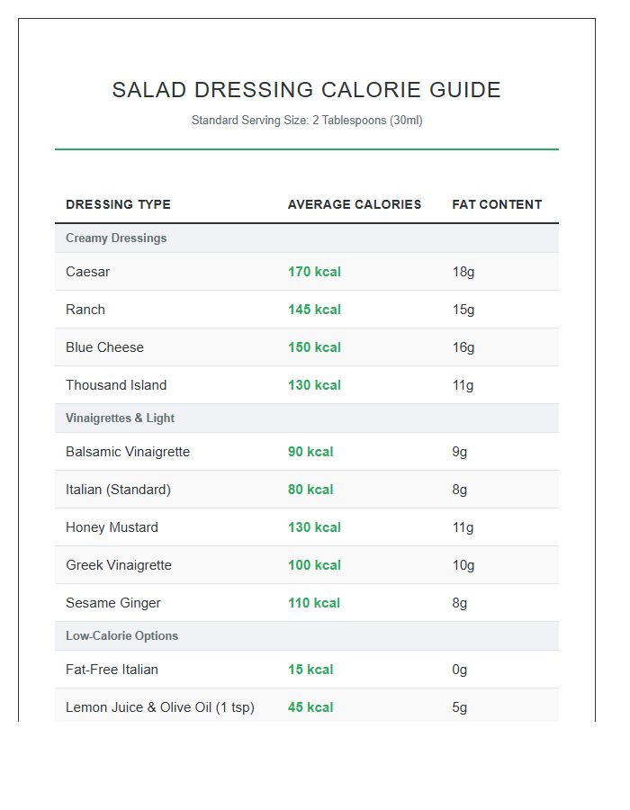 Restaurant Salad Dressing Calorie Reference Printable Chart
