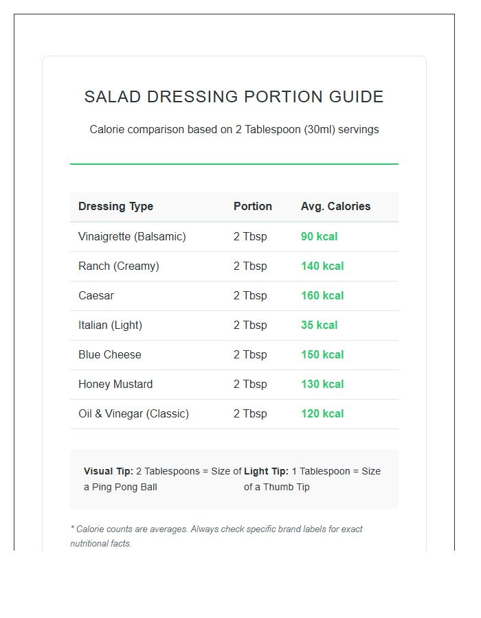 Salad Dressing Portion Control Calorie Printable Chart
