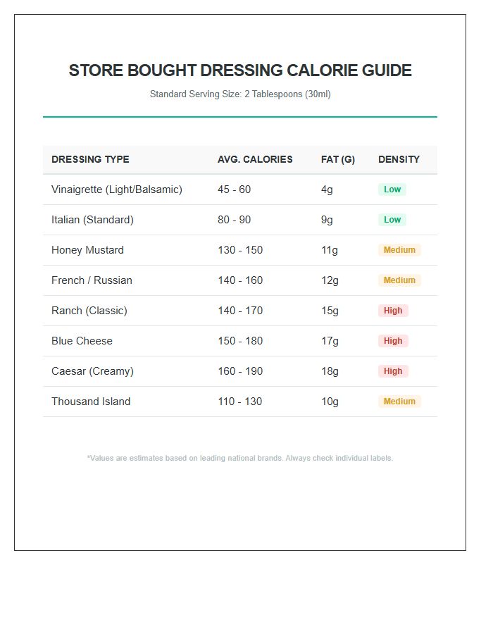 Store Bought Dressing Calorie Guide Printable Chart