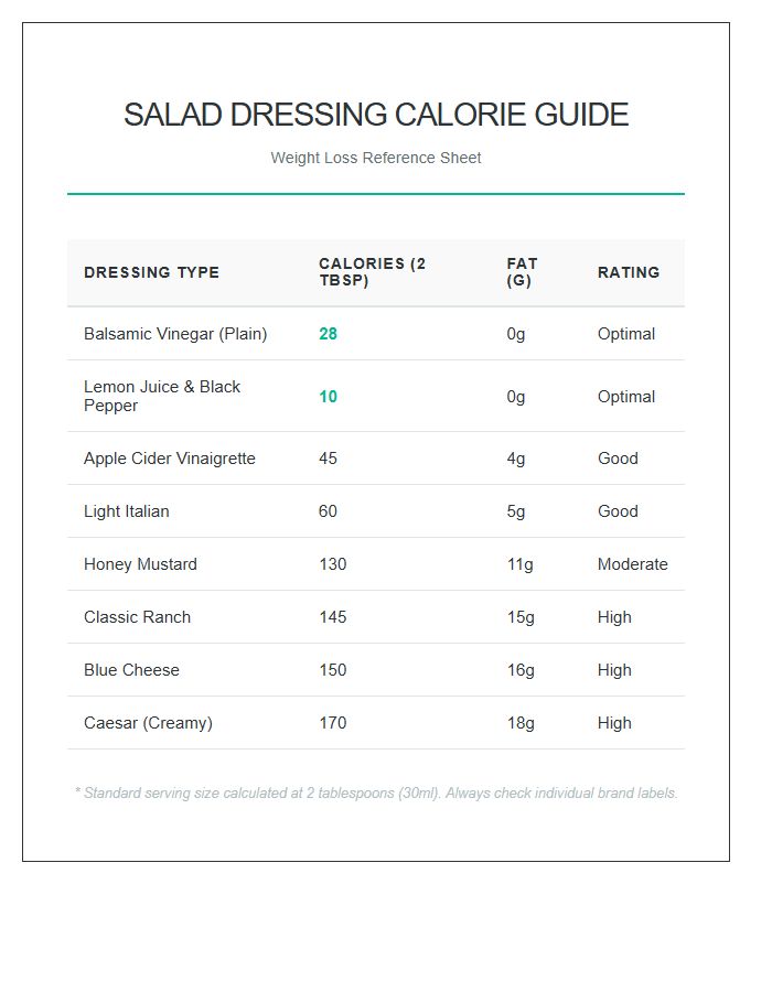 Weight Loss Salad Dressing Calorie Printable Chart