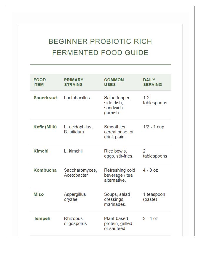 Beginner Probiotic Rich Fermented Food Guide Printable Chart