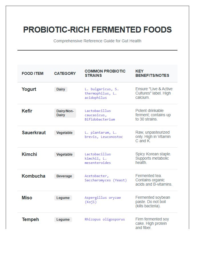 Comprehensive Probiotic Rich Fermented Food Printable Chart