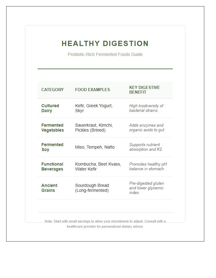 Healthy Digestion Probiotic Rich Fermented Food Printable Chart