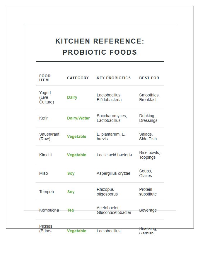 Kitchen Reference Probiotic Rich Fermented Food Printable Chart