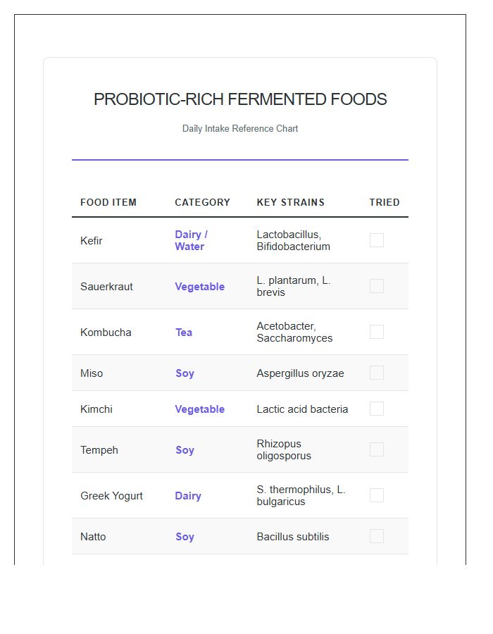Probiotic Rich Fermented Food Printable Chart