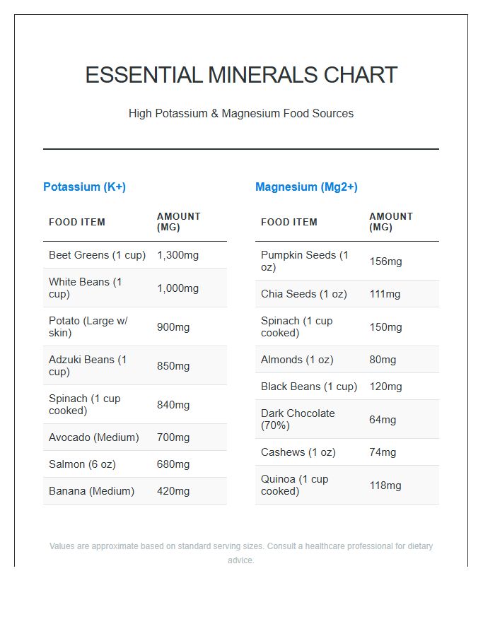High Potassium And Magnesium Foods Printable Chart