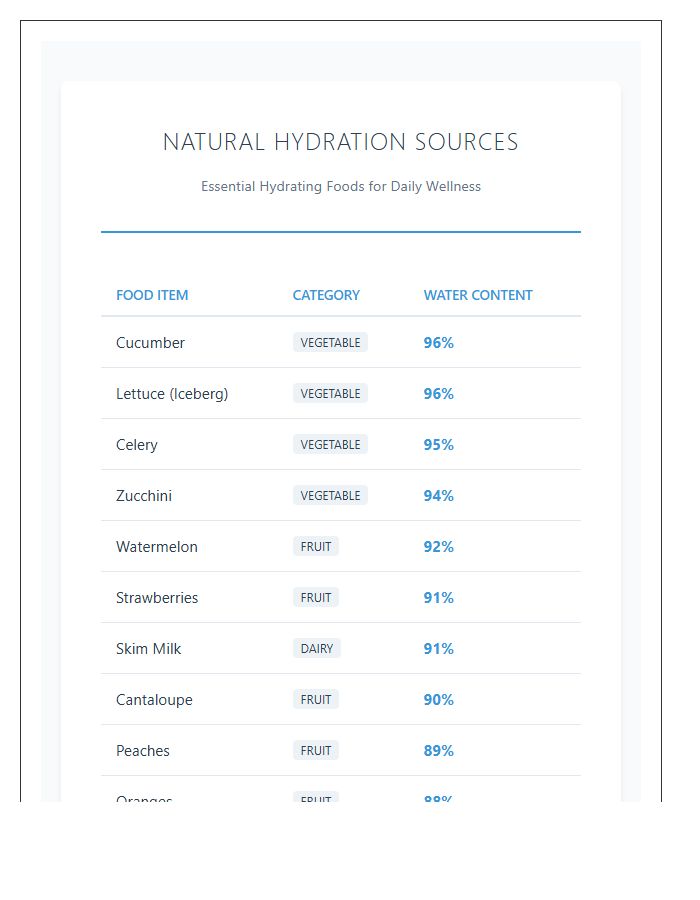 Natural Hydration Food Sources Printable Chart