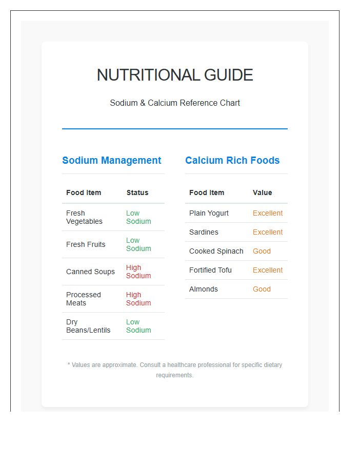 Sodium And Calcium Food Guide Printable Chart