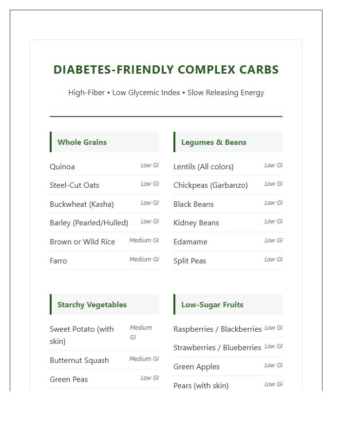 Diabetes Friendly Complex Carbohydrate Printable Chart