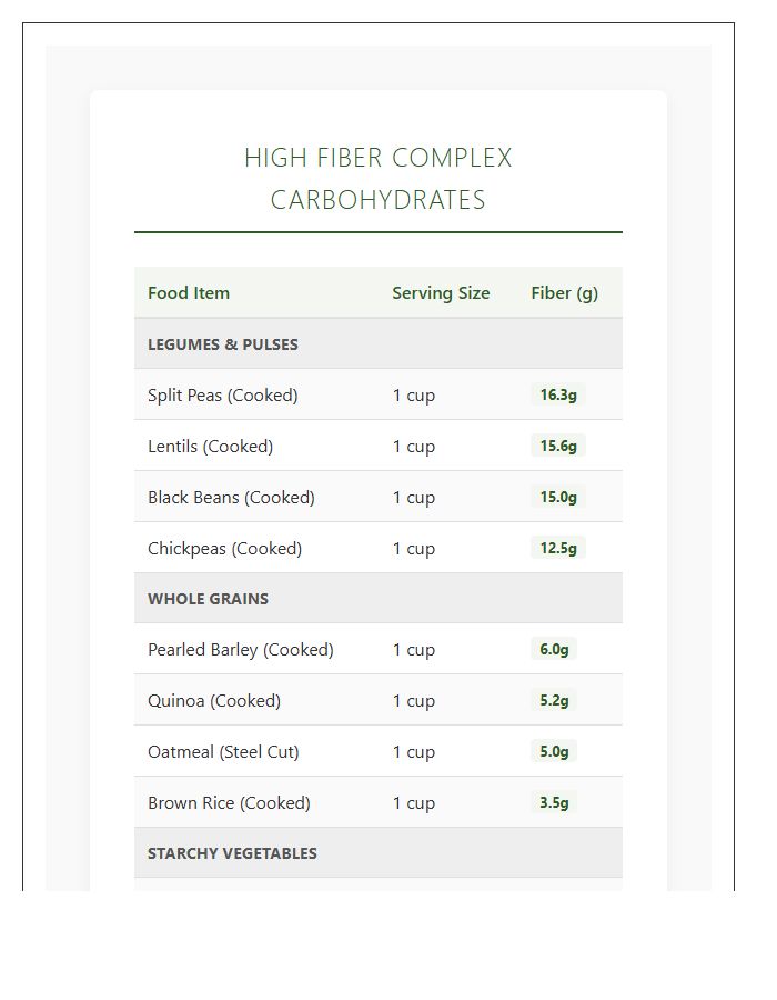 High Fiber Complex Carbohydrate Printable Chart