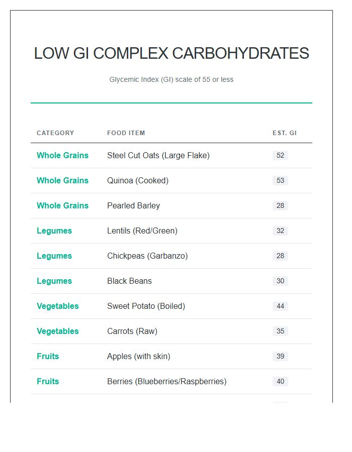 Low Glycemic Complex Carbohydrate Printable Chart