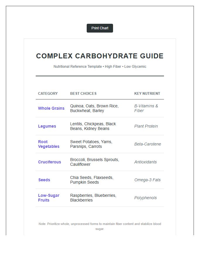 Nutritious Complex Carbohydrate Printable Chart