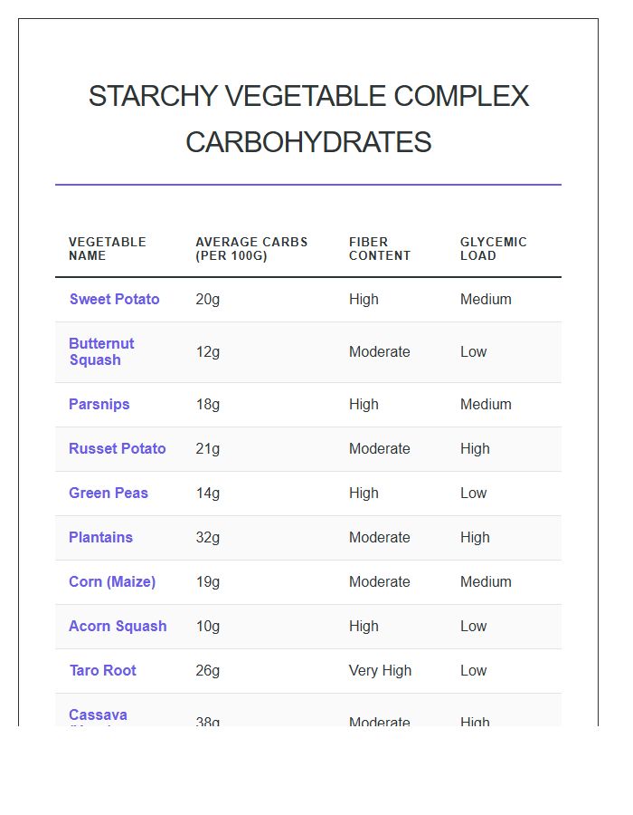 Starchy Vegetable Complex Carbohydrate Printable Chart