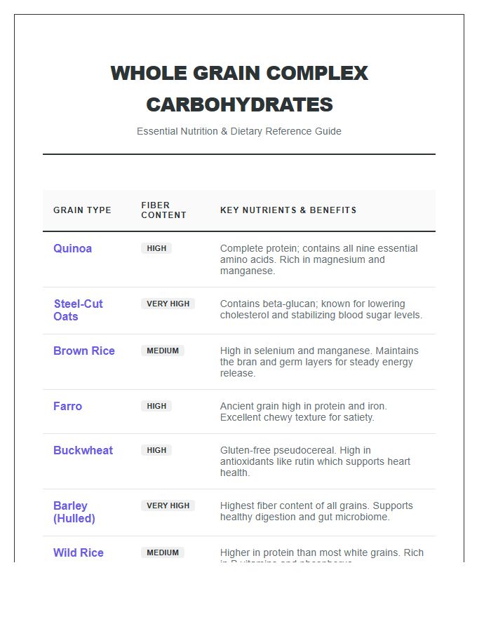 Whole Grain Complex Carbohydrate Printable Chart