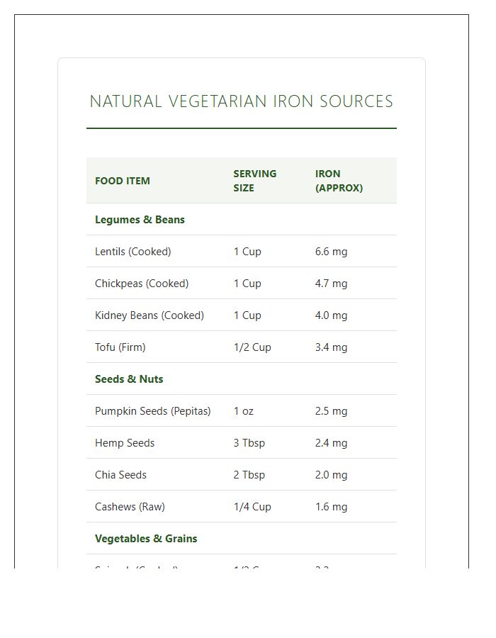 Natural Vegetarian Iron Source Printable Chart